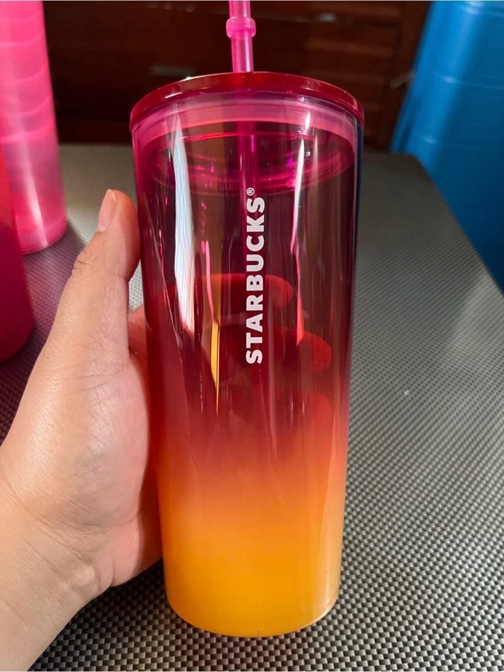 Starbucks Pink and Orange Ombre Reusable Tumbler with Straw
